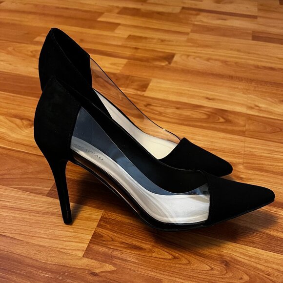 LE CHATEAU Black Suede Clear Side High Heel Pointed Toe Stilettos - Size 8.5 - Picture 4 of 12